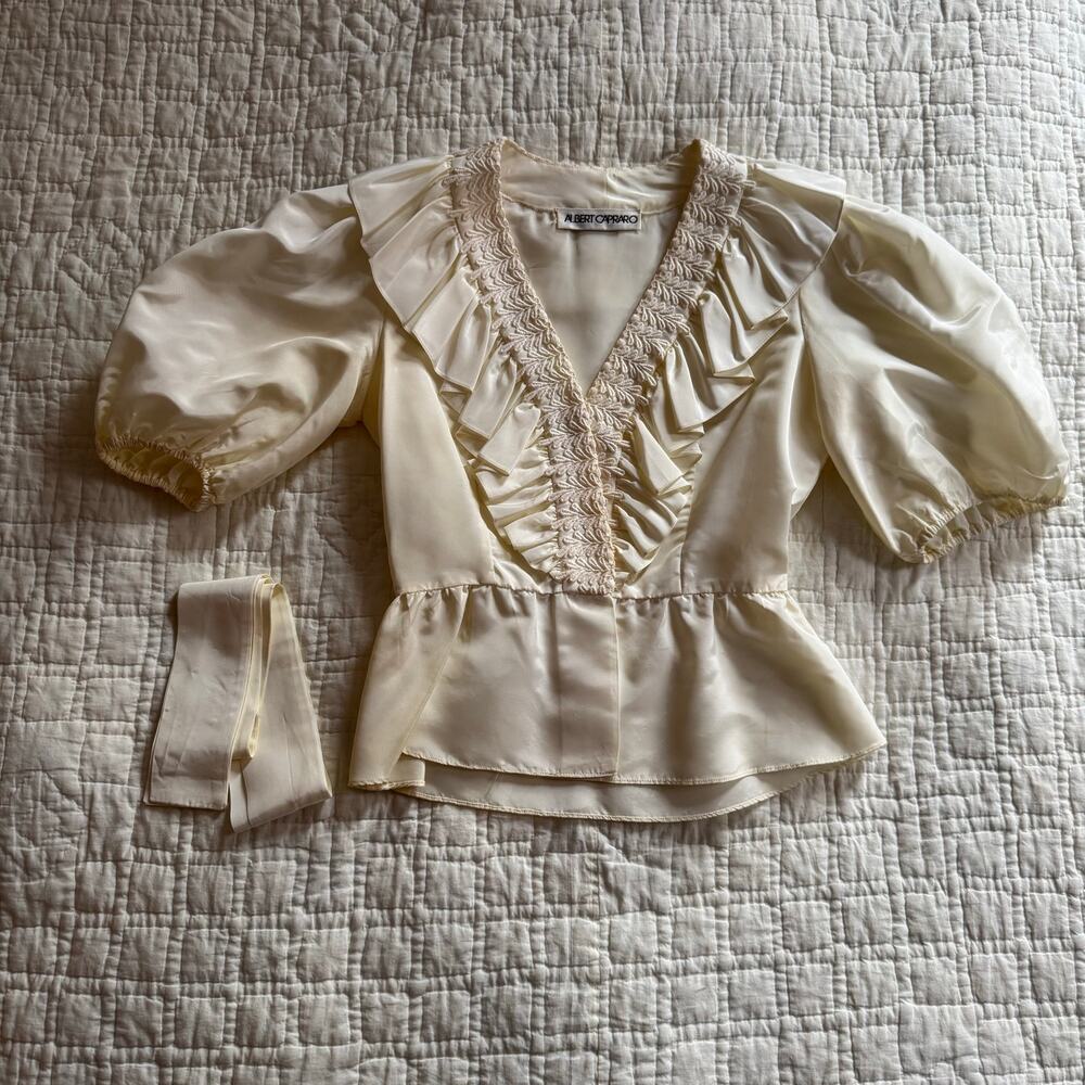 Vintage '80s Blouse Albert Capraro Cream Ruffle Peplum Top with Sash — Size S